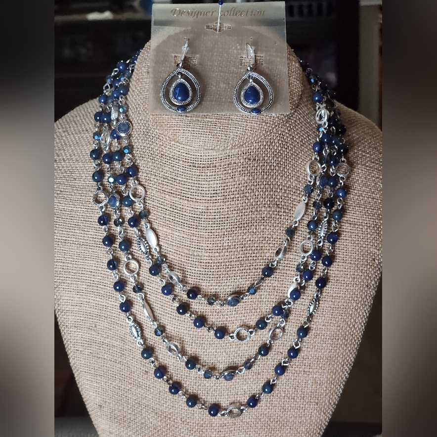 Vintage America Multi Strand Blue/Silver Necklace